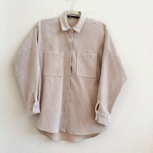 Zara Womens Beige Corduroy Oversized Shacket Button Front Shirt Jacket Small